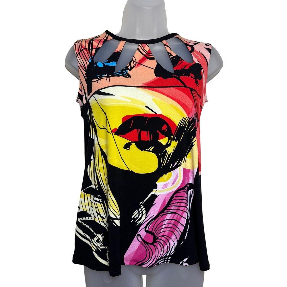 Eva Varro Multicolor Pop Art Face AOP Cutout Comic Graphic Tank Top Womens XS